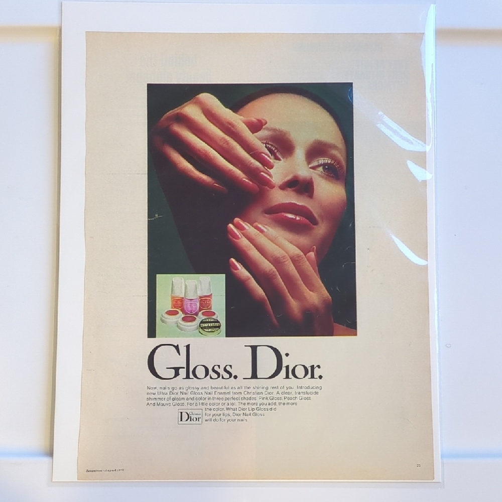 Dior 1972 Seventeen Magazine Vintage Ad: Gloss Makeup, Intimate Fashions, Retro